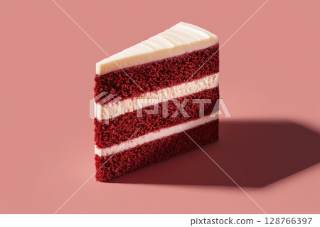 Photorealistic Red Velvet Cake Slice on Pink Background 128766397