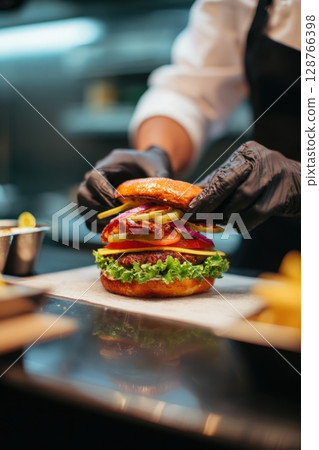 First-person view of assembling a gourmet burger in a modern restaurant setting 128766398