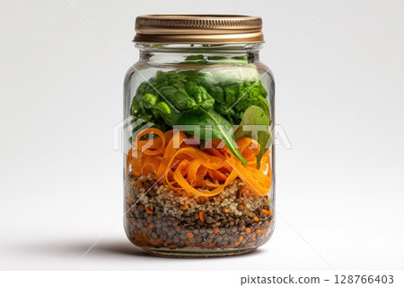 Healthy Salad Jar with Lentils, Spinach, Quinoa, and Carrot Ribbons on White Background Healthy Salad Jar with Lentils, Spinach, Quinoa, and Carrot Ribbons on White Background 128766403