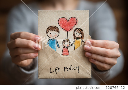 Child Presents Family Drawing with Life Policy Envelope, Heartfelt Moment 128766412