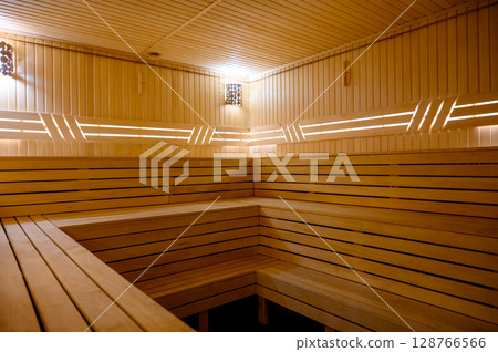 Empty Sauna room background. Wooden sauna, spa room. 128766566