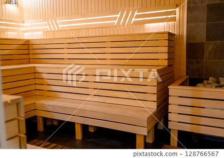 Empty Sauna room background. Wooden sauna, spa room. 128766567