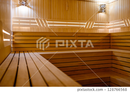 Empty Sauna room background. Wooden sauna, spa room. 128766568