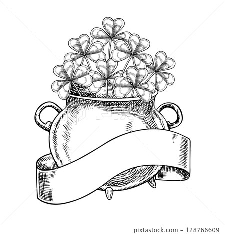 Cast iron pot with a shamrock for St. Patrick s Day and a ribbon for writing. Vector black and white graphic illustration. For greeting cards, banners and flyers, packaging, invitations, holiday decor Cast iron pot with a shamrock for St. Patrick s Day and a ribbon for writing. Vector black and white graphic illustration. For greeting cards, banners and flyers, packaging, invitations, holiday decor 128766609