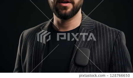 Blank voice-command badge worn mockup on blazer, isolated 128766650