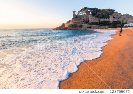 Morning beach at Vila Vella in Tossa de Mar, Spain Morning beach at Vila Vella in Tossa de Mar, Spain 128766675