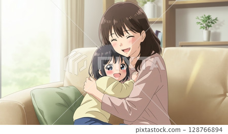 An innocent smile! A cute daughter hugging her mother tightly 128766894