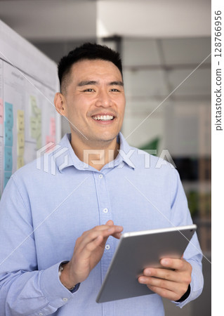 Manager leading and organizing projects using digital tablet Manager leading and organizing projects using digital tablet 128766956