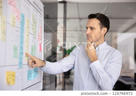 Man reviewing corporate goals written on attached sticky-notes Man reviewing corporate goals written on attached sticky-notes 128766972