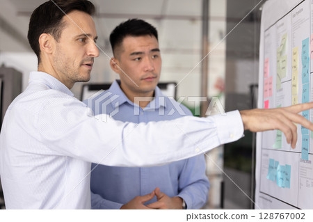 Colleagues take part in project planning using whiteboard Colleagues take part in project planning using whiteboard 128767002