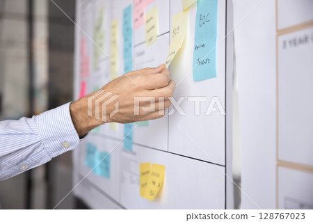 Project manager attaching sticky notes as reminders on whiteboard 128767023