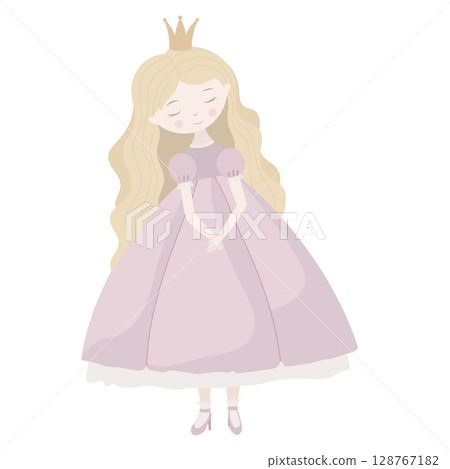 Vector illustration of a little Princess in pastel pink dress with crown and blonde hair. Art of girl for kids birthday party invitation or fairytale greeting cards. Fantasy drawing for nursery poster Vector illustration of a little Princess in pastel pink dress with crown and blonde hair. Art of girl for kids birthday party invitation or fairytale greeting cards. Fantasy drawing for nursery poster 128767182