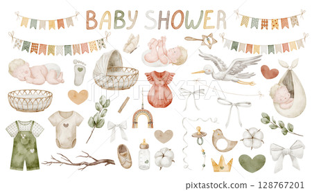 Watercolor set of Baby shower elements in neutral tones: Babies, clothes, accessories, stork, and garlands. Drawing for newborn invitations and childish party greeting card. Art of Infants for nursery 128767201