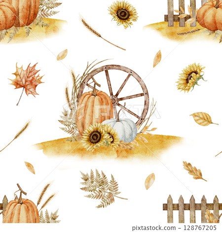 Watercolor seamless Pattern with pumpkins, wheels, sunflowers, and leaves on isolated background. Illustration of rustic fall backdrop for seasonal packaging or textiles. Art for autumn design. 128767205
