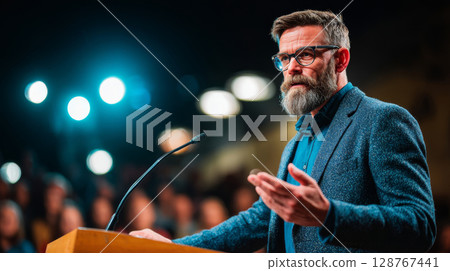 Bearded man with glasses delivering speech at podium during business event with bright lights 128767441