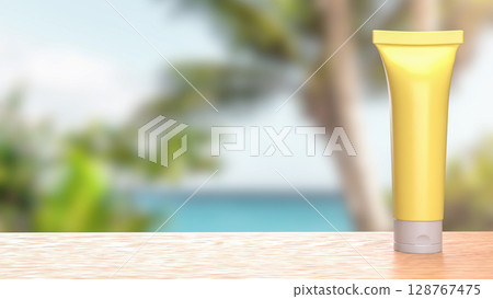 The Mock up package on wood table  for Beauty or Advertising concept 3d Rendering. 128767475