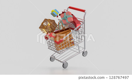 The Gift box in Shopping cart for marketing or business concept 3d Rendering. The Gift box in Shopping cart for marketing or business concept 3d Rendering. 128767497