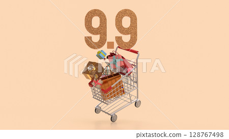 The Gift box in Shopping cart for 9.9 promotion or business concept 3d Rendering. The Gift box in Shopping cart for 9.9 promotion or business concept 3d Rendering. 128767498