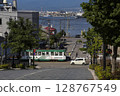 [Logo mark and person number blurred] Tram passing Hakodate Hachimanzaka 128767549