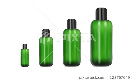 Realistic jar and tube for cream shampoo. Color green. For advertising presentation and website. Layout poster packaging concept beauty blog online store. Vector illustration. 128767649