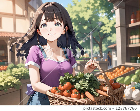 西紅柿和胡蘿蔔等色彩鮮豔的蔬菜。一位面帶微笑、提著籃子的女士。 西紅柿和胡蘿蔔等色彩鮮豔的蔬菜。一位面帶微笑、提著籃子的女士。 128767760