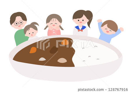 孩子和父母吃咖哩的插圖 128767916