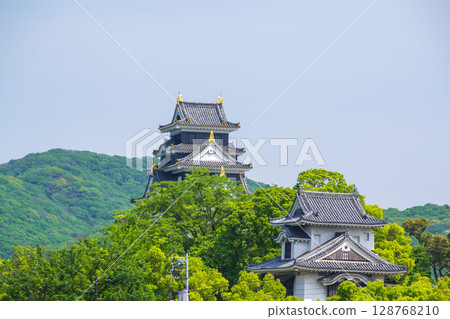 藍天白雲下的岡山城與月見塔 128768210