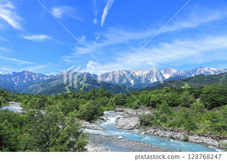 Summer in Hakuba: View of the Northern Alps from the foot of the mountain 128768247