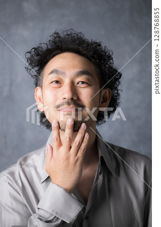 Cool image of middle-aged men with beards and hair removal Gray bag 128768855