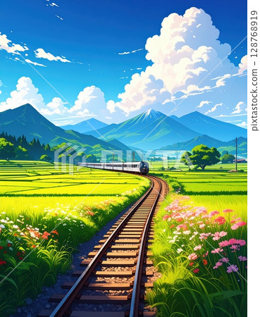 AI image: A local train running through the countryside in summer AI image: A local train running through the countryside in summer 128768919
