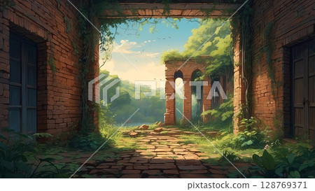 Game background: Ancient ruins of abandoned castle walls and natural scenery 128769371