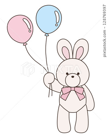 Vector illustration of a cute stuffed rabbit with a ribbon. Rabbit, icon, balloon 128769397