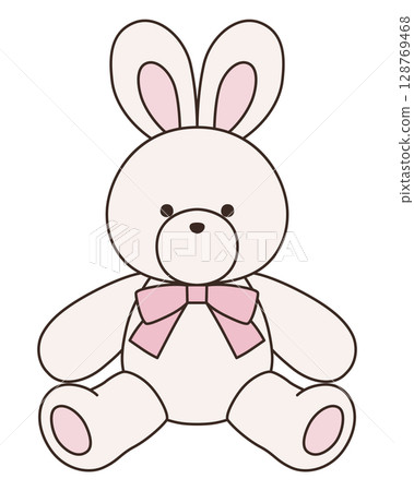 Vector illustration of a cute stuffed rabbit with a ribbon. Rabbit, icon 128769468