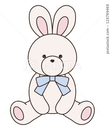 Vector illustration of a cute stuffed rabbit with a ribbon. Rabbit, icon 128769469