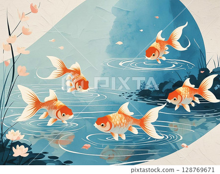 Cute goldfish Japanese style illustration Cute goldfish Japanese style illustration 128769671