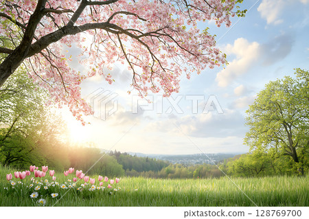 Serene Landscape with Cherry Blossom Tree and Colorful Tulips under Clear Sky 128769700