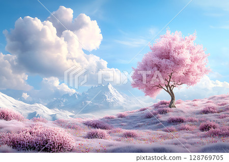 Serene Landscape with a Pink Blossom Tree Amidst a Dreamy Sky and Snowy Mountains Serene Landscape with a Pink Blossom Tree Amidst a Dreamy Sky and Snowy Mountains 128769705