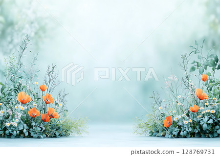 Vibrant Orange Poppies Surrounded by Delicate Greenery in a Soft Floral Landscape 128769731