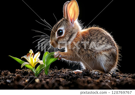 Cute rabbit interacting with flower in dark background, nature and wildlife photography 128769767