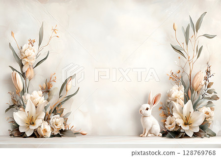 Elegant Floral Arrangement with Soft Bunny on a Minimalist Background in Neutral Tones 128769768