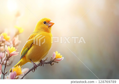 Bright Yellow Bird Perched on Branch Surrounded by Blossoms in Soft Morning Light 128769789