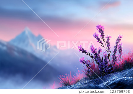 Vibrant Purple Flowers Under Mountain Range Against Soft Pastel Sunrise Sky 128769798