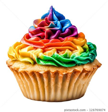 Colorful Rainbow Cupcake with Swirled Icing against Black Background 128769874