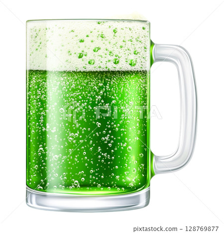 Refreshing Green Beer in a Clear Glass Mug with Bubbles on a Bright Background Refreshing Green Beer in a Clear Glass Mug with Bubbles on a Bright Background 128769877