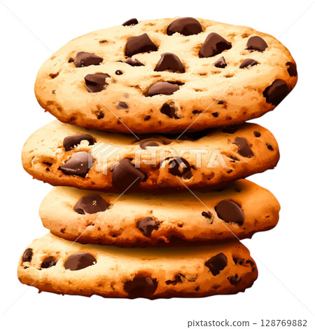 Freshly Baked Chocolate Chip Cookies Stacked for Delicious Temptation and Indulgence 128769882