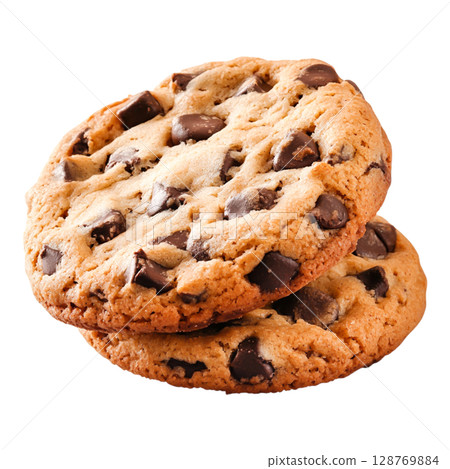 Freshly Baked Chocolate Chip Cookies Stacked on a White Background for Delicious Treats 128769884