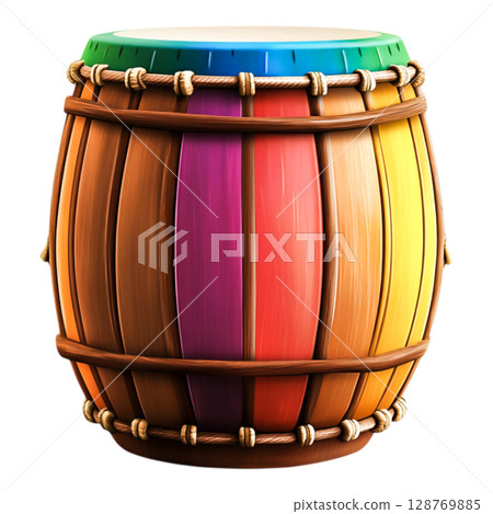 Colorful Wooden Drum with Vibrant Stripes and Traditional Aesthetic Colorful Wooden Drum with Vibrant Stripes and Traditional Aesthetic 128769885