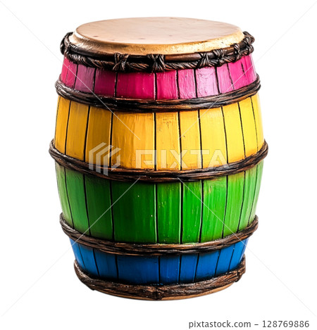 Colorful Wooden Barrel with Bright Stripes for Decoration or Storage Purpose Colorful Wooden Barrel with Bright Stripes for Decoration or Storage Purpose 128769886