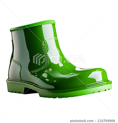 Bright Green Rubber Boot on White Background for Fun Outdoor Activities and Rain 128769906