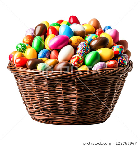 Colorful Easter Eggs in a Woven Basket Ready for Spring Celebrations and Festivities Colorful Easter Eggs in a Woven Basket Ready for Spring Celebrations and Festivities 128769967